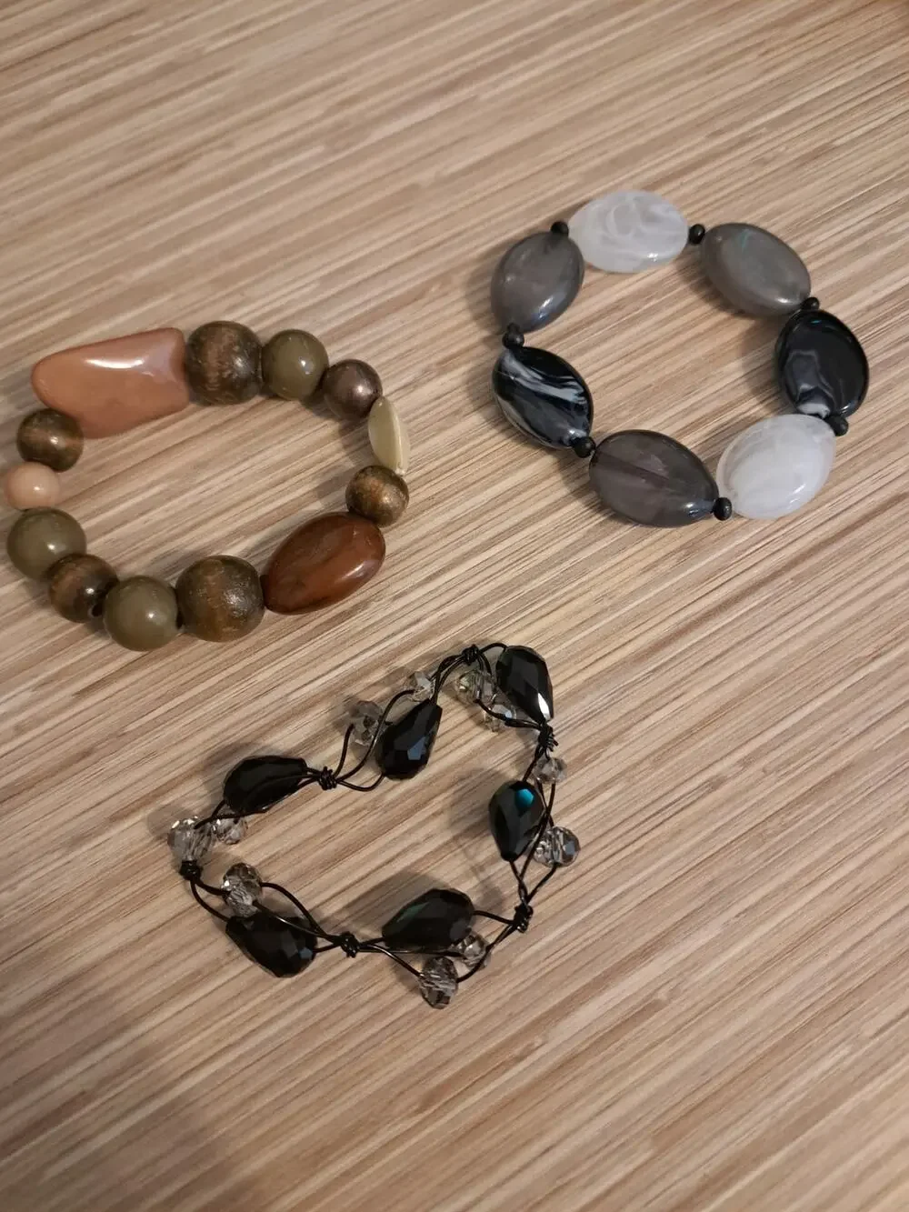 Lot of 3 Beaded Bracelets Black White Green Brown